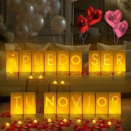 PUEDO SER TU NOVIO? Lighted Letters Sign 17pcs Luminary Paper Bags 2200pcs Red Pink Artificial Rose Petals 48pcs Flameless LED Candle Tealight 15pcs Heart Balloons Romantic Night Valentine's Day
