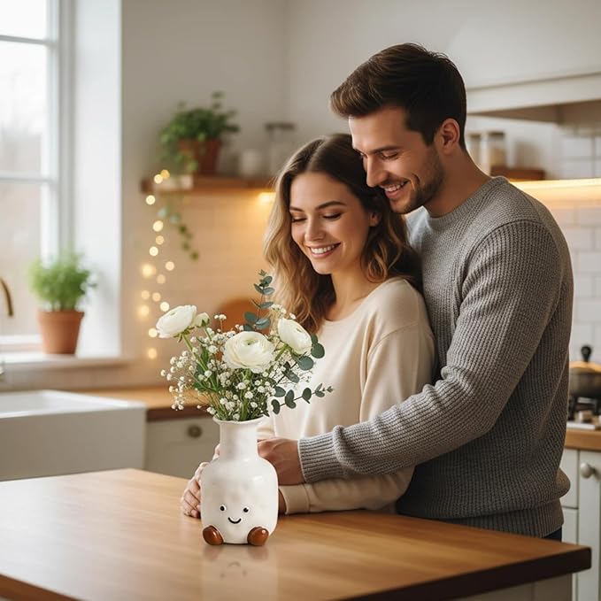 Handmade Ceramic Smile Vase-Cute White Ceramic Vase-White Modern Flower Vase-Round Aesthetic Table Flower Vase-Funny Decor AccentPot for Indoor and Outdoor vase
