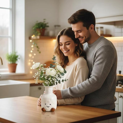 Handmade Ceramic Smile Vase-Cute White Ceramic Vase-White Modern Flower Vase-Round Aesthetic Table Flower Vase-Funny Decor AccentPot for Indoor and Outdoor vase
