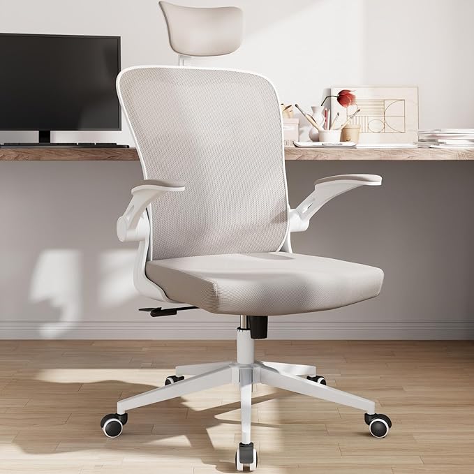 Office Chair Ergonomic Desk Chair with Lumbar Support&Headrest&Flip-up Arms Height Adjustable Rocking Swivel High Computer Chair Multi-Angle from 90° to 125° with 350LBS Capacity(White+Khaki-2)