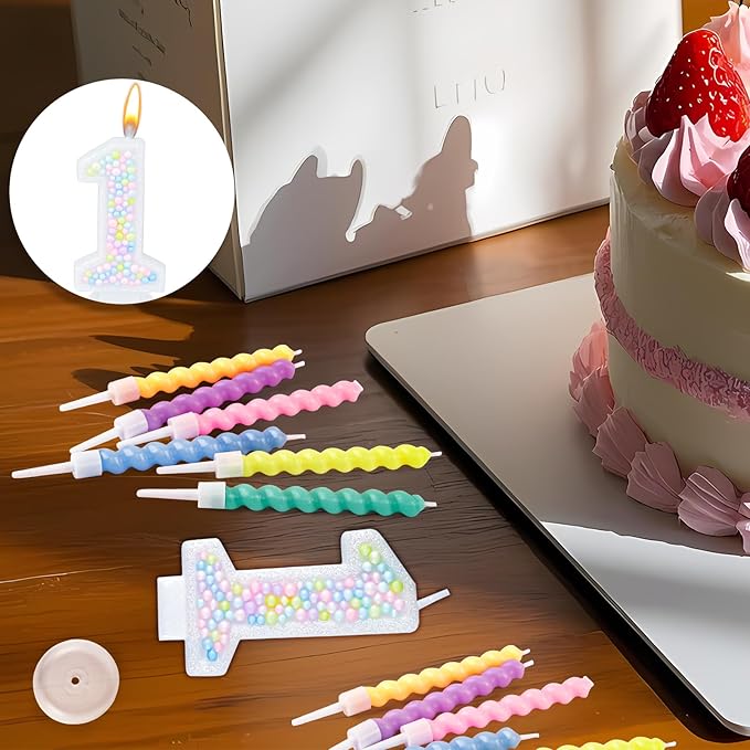 Number Birthday Candle with 12PCS Spiral Candles and A Birthday Card - Perfect for Celebrating Birthdays (Macaron Glitter, Number 1)