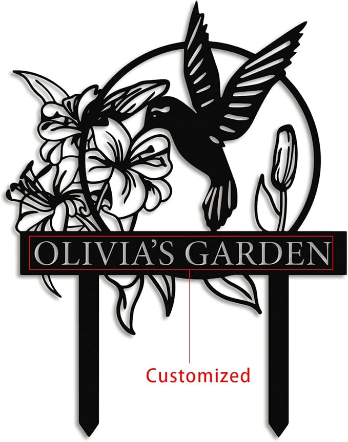 Personalized Garden Sign with Hummingbird & Flower Design – Custom Metal Yard Stake, Outdoor Lawn Name Plaque, Weatherproof Garden Decor, Gift for Gardeners & Housewarming