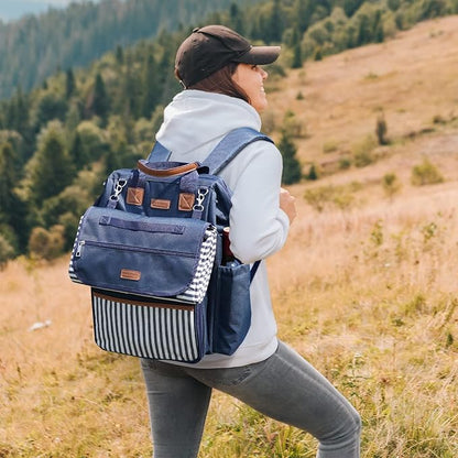 HappyPicnic Picnic Backpack Bag for 4, Wide Open with Large Capacity Insulated Cooler Compartment,9" Plates,Wooden Handle Cutlery and Waterproof Blanket Best Gift - Navy Blue