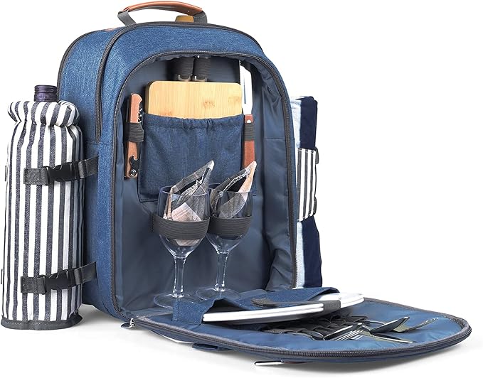 Sunflora Insulated Picnic Backpack for 2 Person Bag with Cooler Compartment, Blanket and Stainless Steel Cutlery Set for Couple, Lovers and Friends (Blue & Stripe)