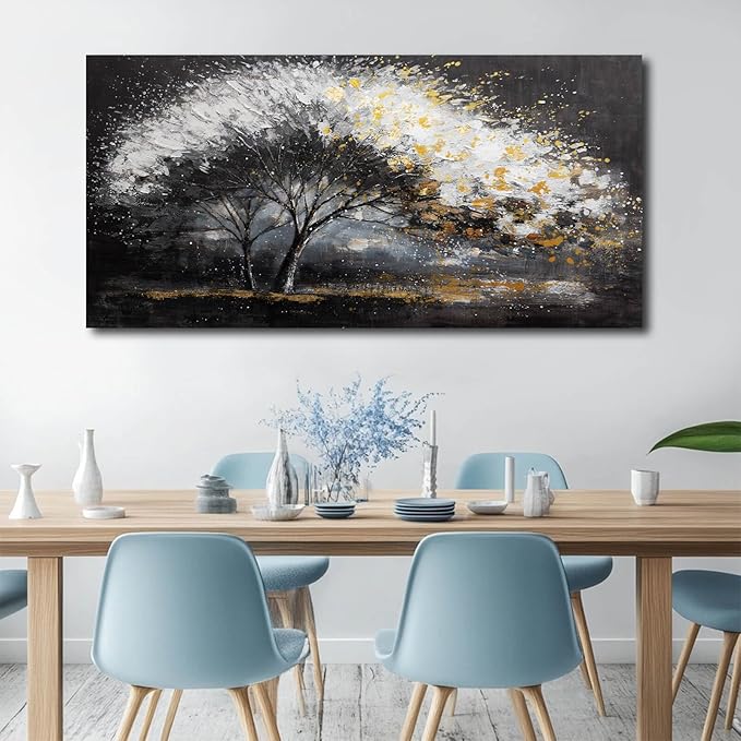 White and Gold Wall Art Tree Wall Decor Contemporary Landscape Canvas Art for Living Room Black Framed Wall Prints for Bedroom Office 24x48 Inch