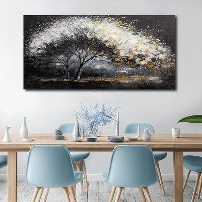 White and Gold Wall Art Tree Wall Decor Contemporary Landscape Canvas Art for Living Room Black Framed Wall Prints for Bedroom Office 24x48 Inch