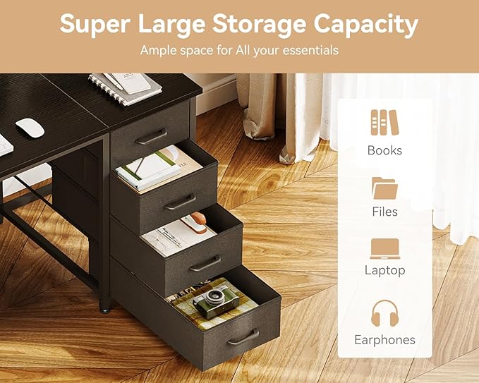 Casaottima 48 Inches Computer Desk with 8 Fabric Drawers, Modern Office Desk with Large Storage for Home Office, Study, Black