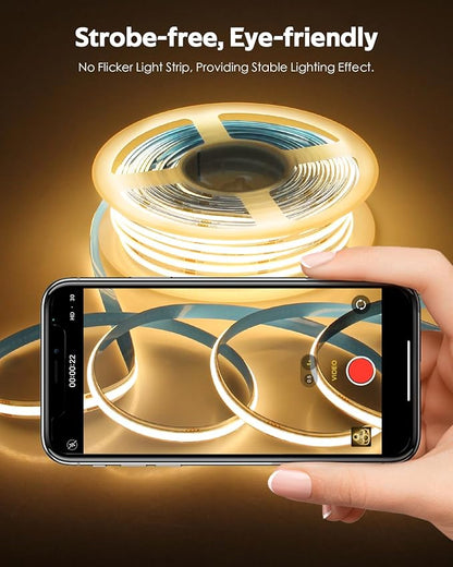 24V COB Led Light Strip 3000K 100FT Bluetooth Dimmable Flexible COB LED Strip Tape Light with Remote for Bedroom Warm White CRI90+ 480LED/M Hight Density Super Bright for Home Lighting 30M/2roll