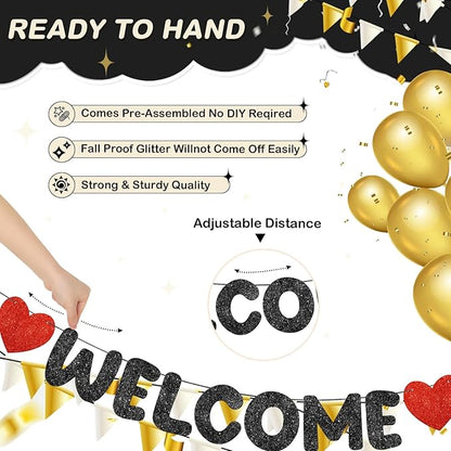 Fulmoon Pre Strung Welcome to The Team Banner with Two Heart Signs, NO DIY, Glitter Welcome Party Supplies for New Employee, Coworker, Colleague, Staff, Team Member Office Decorations(Black)
