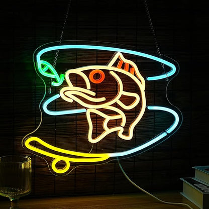 Fishing Neon Sign Dimmable Fish Neon Light for Wall Decor LED USB Powered Fishing Hook Lights for Fishing Gear Store Yacht Man Cave Living Room Boys Gifts(Multicolor 15.7‘’*12.4‘’）