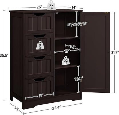 Yaheetech Large Bathroom Floor Cabinet with 4 Drawers and Single Door Cabinet, Freestanding Storage Cabinet for Living Room Kitchen Hallway, Espresso