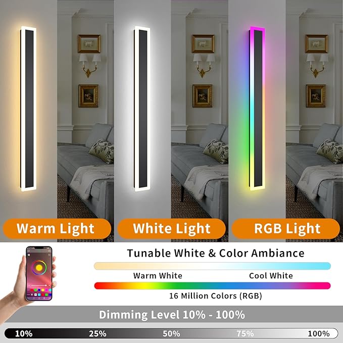 2 Pack Outdoor RGB Long Wall Lights, 47.2inch Wall Lights RGB/Warm/White Dimmable Modern Led Wall Lighting, Ip65 Waterproof Wall Sconce with Remote APP Control for Outdoor/Indoor Party Gathering