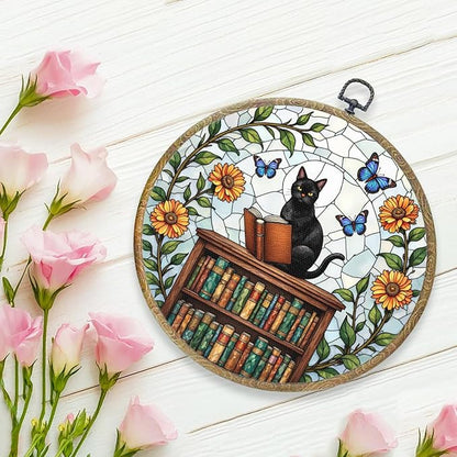 Cute Cat Decor Cat Stuff Accessories Book Lovers Gifts Reading Gifts Framed Round Wall Decor Canvas Wall Art Hanging Prints Artwork for Home Nursery Bedroom Living Room Decorations 10.2X10.2 Inch