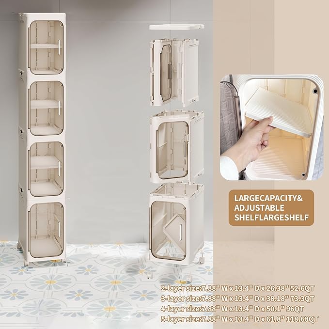 Narrow Bathroom Storage Cabinet with Wheels,5-Tier Plastic Slim Organizer with Adjustable Shelves for Small Spaces,Bathroom, Kitchen, Cream White