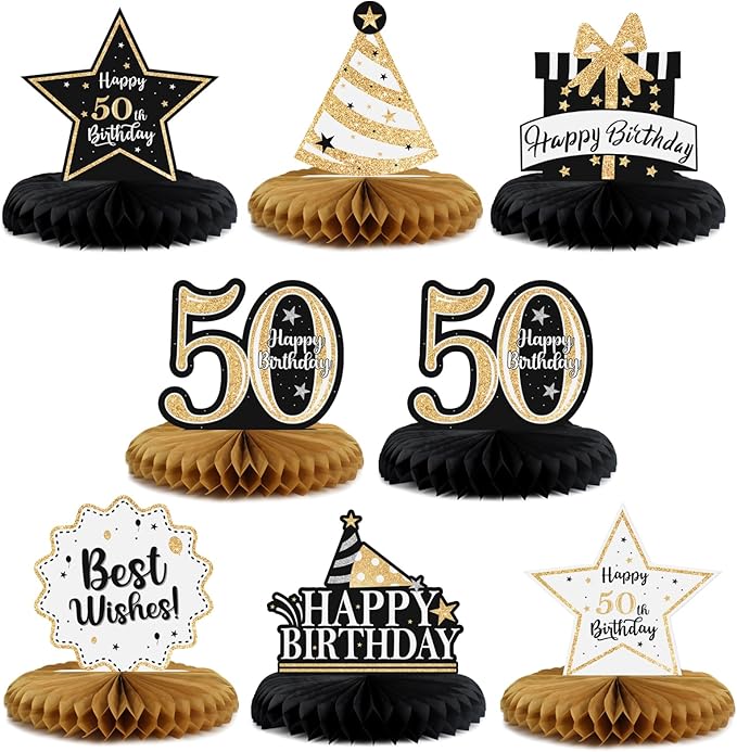 Happy 50th Birthday Decorations,50th Bday Gold Glitter Shiny Stand Honeycomb Table Centerpieces - Cheers to Fifty Years Old Birthday Party Photoprop Gift Sign.