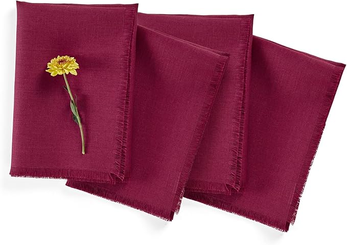Solino Home Beet Linen Napkins Set of 4-100% Pure Linen Fringe Dinner Napkins 20 x 20 Inch for Fall, Autumn, Christmas, Holiday, Winter, New Year