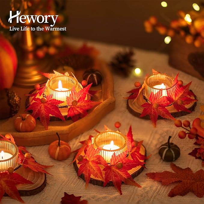Hewory Fall Candle Holder Centerpiece: Thanksgiving Candle Holders Set of 4 with Maple Leaves Wreath & Berries, Glass Tealight Candle Holder Fall Centerpiece Table Decorations for Thanksgiving Table