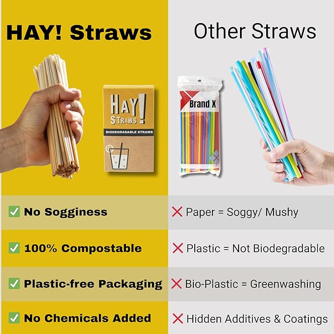 HAY Compostable Drinking Straws 8 Inch Jumbo for Smoothies Milkshake Iced Coffee - 250 Count Biodegradable Never Soggy Plant Based Disposable Eco Friendly - Plastic Free Reed Stem Natural Tall Straws