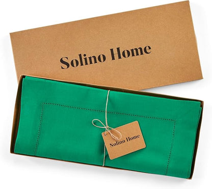 Solino Home Linen Emerald Green Hemstitch Table Runner 60 Inches - 100% Pure Linen Small Table Runner 14 x 60 Inch Ideal for Dresser and Coffee Tables - Classic Hemstitch - Christmas, New Year