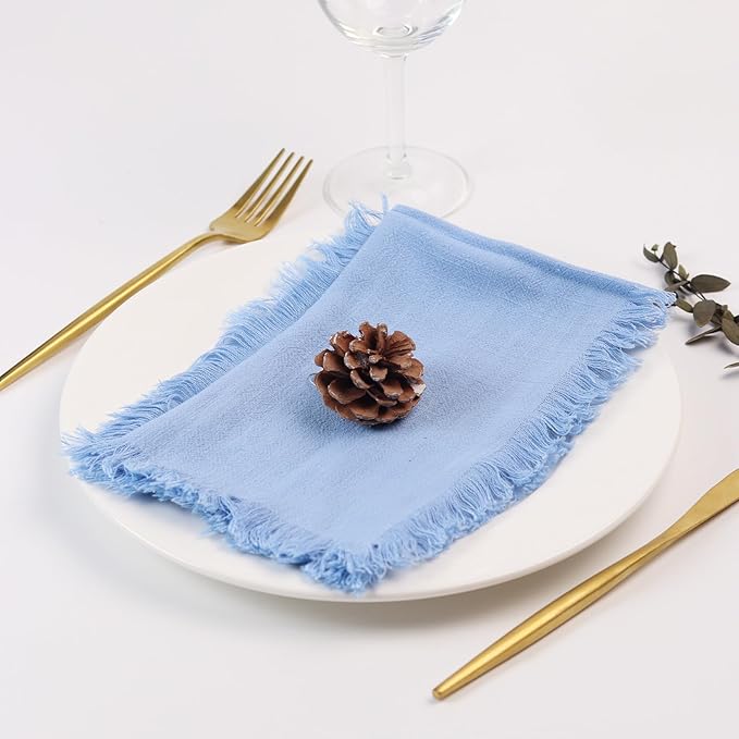 Handmade Cloth Napkins with Fringe,18 x 18 Inches Cotton Linen Napkins Set of 4 Versatile Handmade Square Rustic Fringe Napkins for Dinner, Wedding and Parties, Dusty Blue