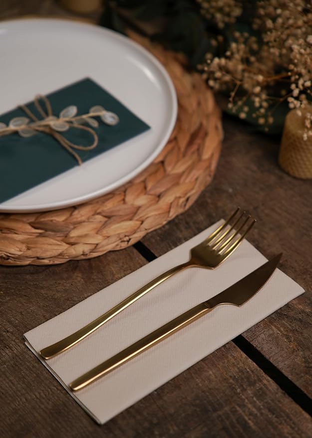 Beige Paper Napkins | Linen Feel Guest Disposable Cloth Like Dinner Napkins | Hand Towels | Soft, Absorbent, Paper Hand Napkins for Kitchen, Bathroom, Parties, Weddings, Dinners | 50 Pack