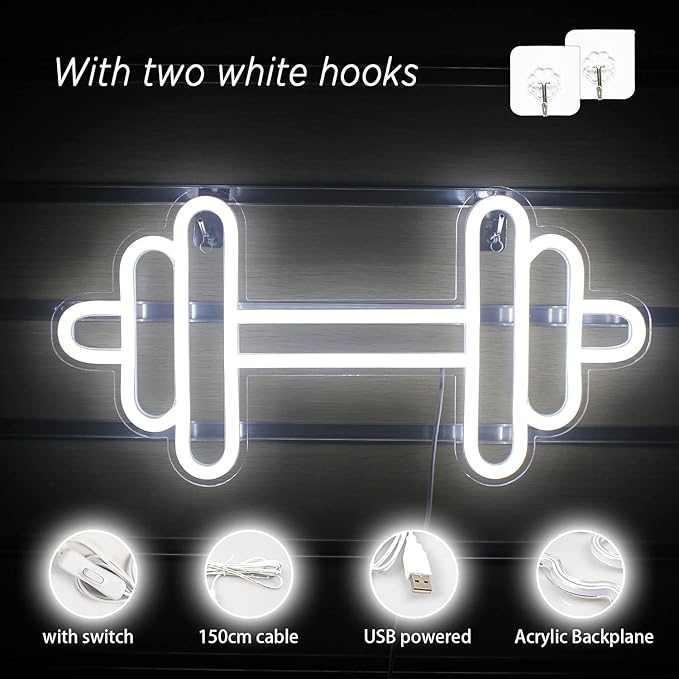 Lucunstar Gym Neon Sign Barbell Dumbbell Shaped Neon signs White Neon Lights Up Gym Wall Stickers for Fitness Club Decor LED Sign for Teen Girls Teen Sports Room Game Room Decor