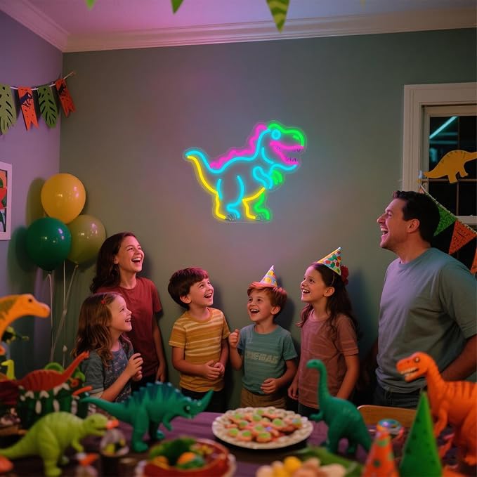 Kids Dinosaur Neon Light - Colorful LED Decor for Children's Bedroom, Dinosaur Birthday Party Decor, Gift for Boys & Girls Age 5-12, 15x12.4" USB Powered