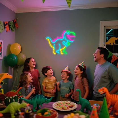 Kids Dinosaur Neon Light - Colorful LED Decor for Children's Bedroom, Dinosaur Birthday Party Decor, Gift for Boys & Girls Age 5-12, 15x12.4" USB Powered