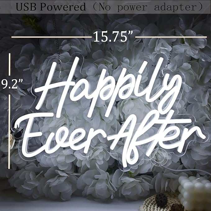 SYLHOME Happily Ever After LED Neon Light Sign Wedding Party Birthday Neon Art Wall Sign Decor USB Bedroom Home Bar Pub Decor Night Light 5V Cold White 15.8"X9.2"
