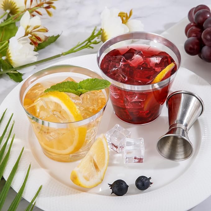 Nervure 120PCS Silver Plastic Cups - 9Oz Silver Rimmed Plastic Cups - Heavy Duty Plastic Cup with Silver Rim Perfect for Weddings, Receptions & Parties