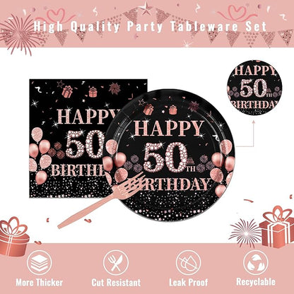50th Birthday Decorations for Women,61Pcs Rose Gold 50th Birthday Decorations Tableware Include Happy 50th Birthday Plates and Napkins,Tablecloth,Forks,50th Birthday Party Supplies Serve 20