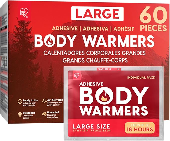 IRIS USA Hand Warmers, Regular/Large/Jumbo, 30/60 Individual Warmers, Regular/Adhesive Body Warmers Up to 10/12/18 Hours Disposable Handwarmer Bulk for Hot Hands Feet Chest Back, TSA-Approved, Camping
