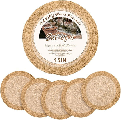 13 in Round Woven Placemats Plate Chargers Set of 6, Chargers for Dining Table Decor Boho Farmhouse Rustic Rattan Wicker Table Mats Jute Braided Place Mats Chargers for Dinner Plates