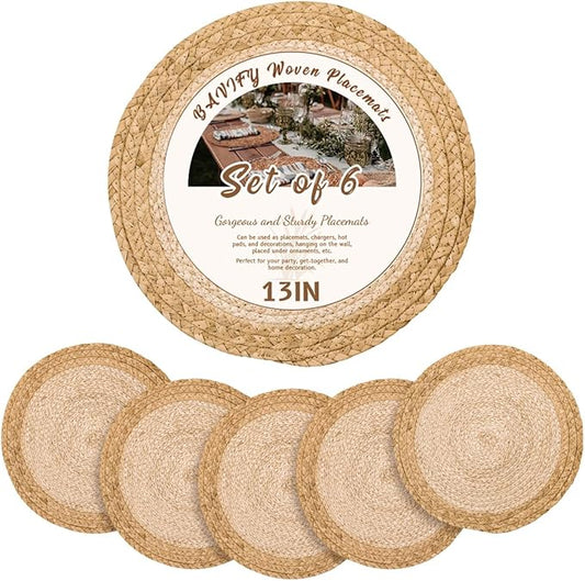 13 in Round Woven Placemats Plate Chargers Set of 6, Chargers for Dining Table Decor Boho Farmhouse Rustic Rattan Wicker Table Mats Jute Braided Place Mats Chargers for Dinner Plates