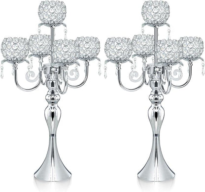 5 Arm Crystal Strap Pendant Silver Table Decor Candelabra Set of 2, 22.5 inches Elegant Dining Room Centerpieces for Holiday Parties Weddings