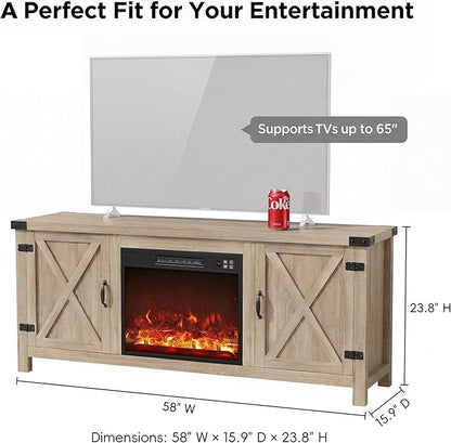 YESHOMY Fireplace TV Stand with Two Barn Doors and Storage Cabinets for Televisions up to 65+ Inch, Entertainment Center Console Table, Media Furniture for Living Room, 58 Inch, Yellow Oak