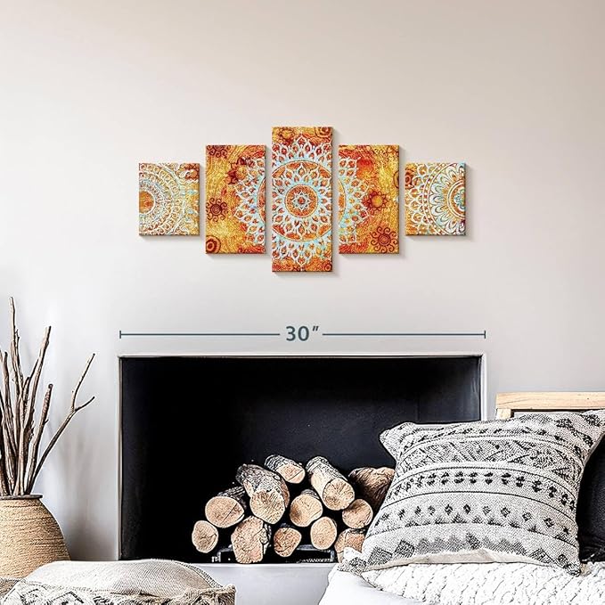 ElephantStock - Sun Like Mandala Symbols Wall Art - Horizontal Multi Panel Canvas - 5 Piece Living Room Wall Decor - Digital Art Elements Multi Piece Wall Art - Orange And Blue Decor - 29" x 12"