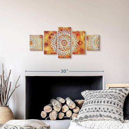 ElephantStock - Sun Like Mandala Symbols Wall Art - Horizontal Multi Panel Canvas - 5 Piece Living Room Wall Decor - Digital Art Elements Multi Piece Wall Art - Orange And Blue Decor - 29" x 12"