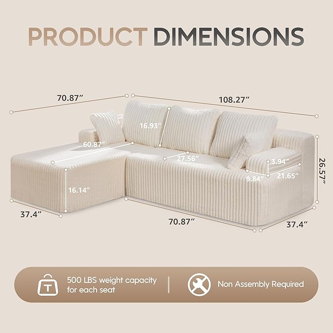 Hobestluk Modular Sectional Sofa Couches L-Shape Couch 3 Seat Modular Sofa Memory Foam Sectional Couches for Living Room, Cloud Couch with Oversized Chaise (108" Left Facing Chaise)