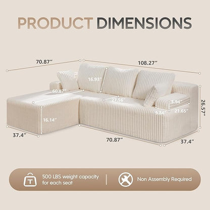 Hobestluk Modular Sectional Sofa Couches L-Shape Couch 3 Seat Modular Sofa Memory Foam Sectional Couches for Living Room, Cloud Couch with Oversized Chaise (108" Left Facing Chaise)