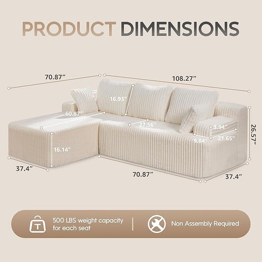 Hobestluk Modular Sectional Sofa Couches L-Shape Couch 3 Seat Modular Sofa Memory Foam Sectional Couches for Living Room, Cloud Couch with Oversized Chaise (108" Left Facing Chaise)