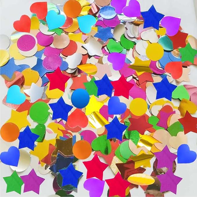 Rainbow Foil Confetti 15000Pcs, containing a mixture of three shapes: circular, heart-shaped,and star shaped Table Confetti for Fill Balloon Wedding Graduation Party Decorations,100g of pack
