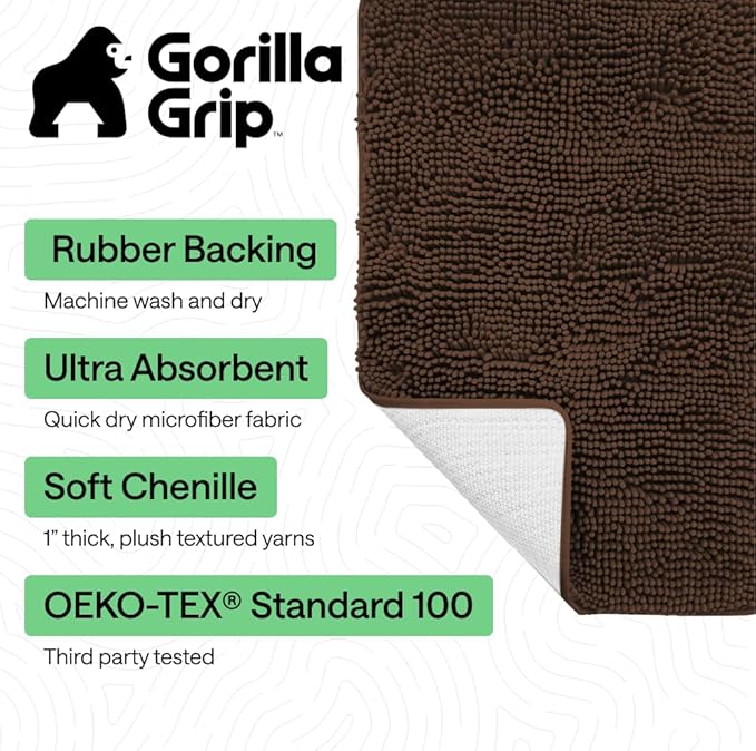 GORILLA GRIP Bath Rug Mat 48x24, Thick Soft Absorbent Chenille, Quick Dry Microfiber Mats, Rubber Backing Washable Shower Floor Rugs, Bathmat Runner, US Designed Bathroom Home Decor Accessories Brown