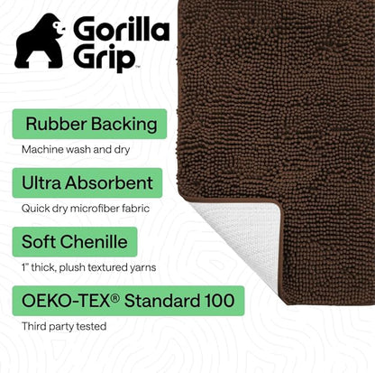 GORILLA GRIP Bath Rug Mat 36x24, Thick Soft Absorbent Chenille, Quick Dry Microfiber Mats, Rubber Backing Washable Shower Floor Rugs, Bathmat Runner, US Designed Bathroom Home Decor Accessories Brown