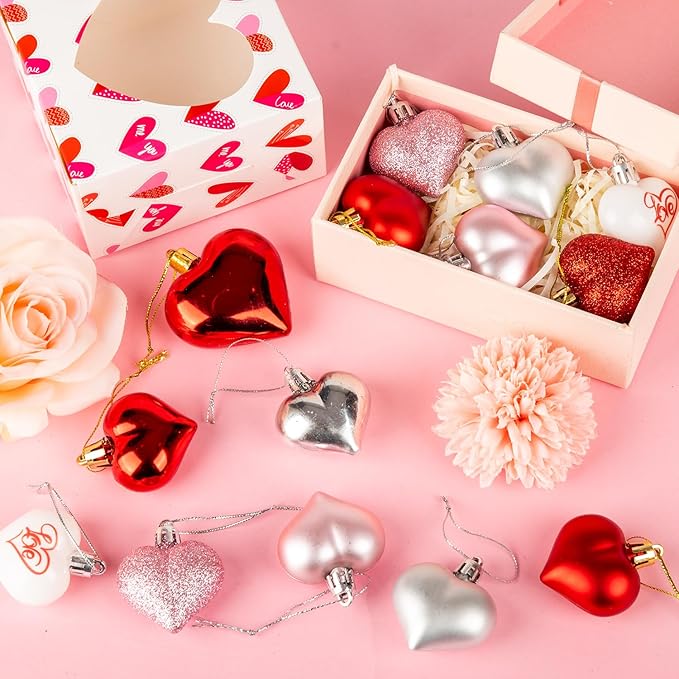 36Pcs Valentines Day Decor Heart Ornaments Classic Red Pink Silver Valentines Decorations Heart Shaped Baubles Hanging Ornaments for Valentine’s Day Christmas Tree Wedding Anniversary Party