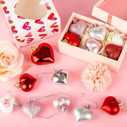 36Pcs Valentines Day Decor Heart Ornaments Classic Red Pink Silver Valentines Decorations Heart Shaped Baubles Hanging Ornaments for Valentine’s Day Christmas Tree Wedding Anniversary Party