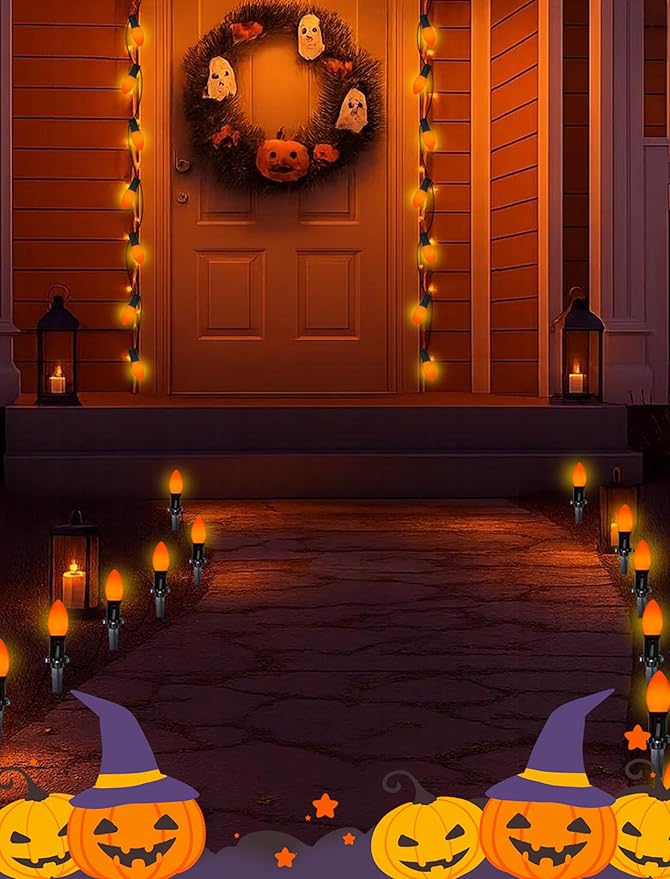 25Ft Halloween Ceramic String Lights, C9 Opaque Orange String Lights with 25 Vintage Bulbs, Outdoor Hanging Lights for Halloween Party Christmas Tree Prom Decor, 7W, C9/E17 Base, Black Wire
