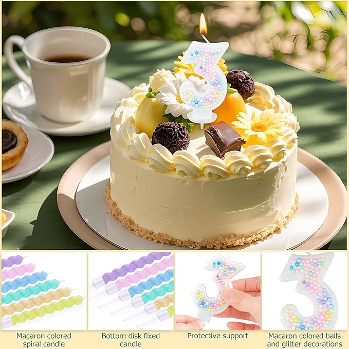 Number Birthday Candle with 12PCS Spiral Candles and A Birthday Card - Perfect for Celebrating Birthdays (Macaron Glitter, Number 3)