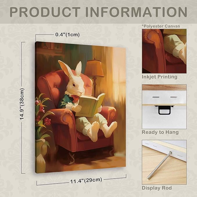 TLESKE Funny Reading Bunny Rabbit Wall Art Decor, Bunny Rabbit Canvas Wall Art Print for Reading Nook Reading Corner Bedroom Living Room, Easter Bunny Wall Artwork Picture, 11x14