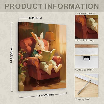 TLESKE Funny Reading Bunny Rabbit Wall Art Decor, Bunny Rabbit Canvas Wall Art Print for Reading Nook Reading Corner Bedroom Living Room, Easter Bunny Wall Artwork Picture, 11x14